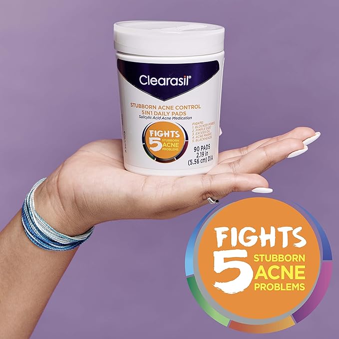 Clearasil Stubborn Acne Control 5in1 Daily Facial Cleansing Pads, with Salicylic Acid Acne Treatment Medicine, 90 Count (Pack of 2)
