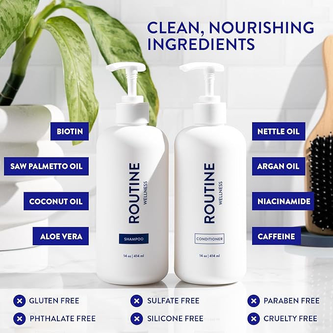 Routine Wellness Shampoo and Conditioner Set and Hair Serum for Thinning Hair - DHT Blocker Women & Men - Color Safe Shampoo for Hair Loss & Healthier Hair - Rose Hips Set
