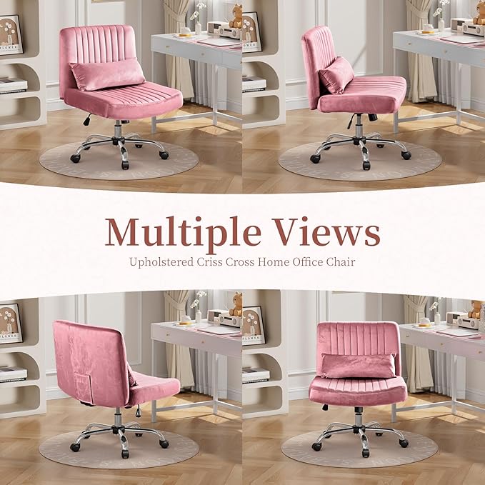 Warmiehomy Velvet Criss Cross Desk Chair with Wheels, Luxury Cross Legged Office Chairs for Home Office, Swivel Wide Seat Vanity Chair, Armless Adjustable Height Gaming Chair Gift, Rose Pink