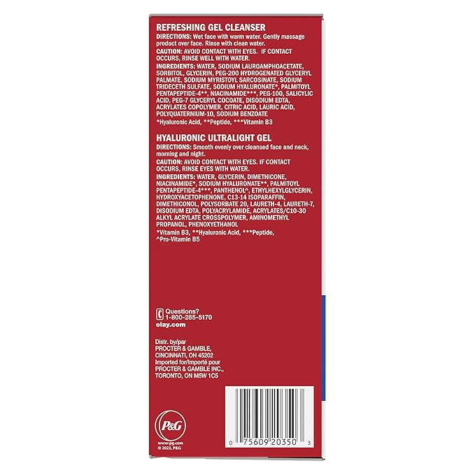 Olay Hyaluronic Duo Pack, Refreshing Gel Face Wash, Fragrance-Free 5 fl oz, Hyaluronic Ultralight Gel Face Moisturizer, Fragrance-Free 1.7 oz