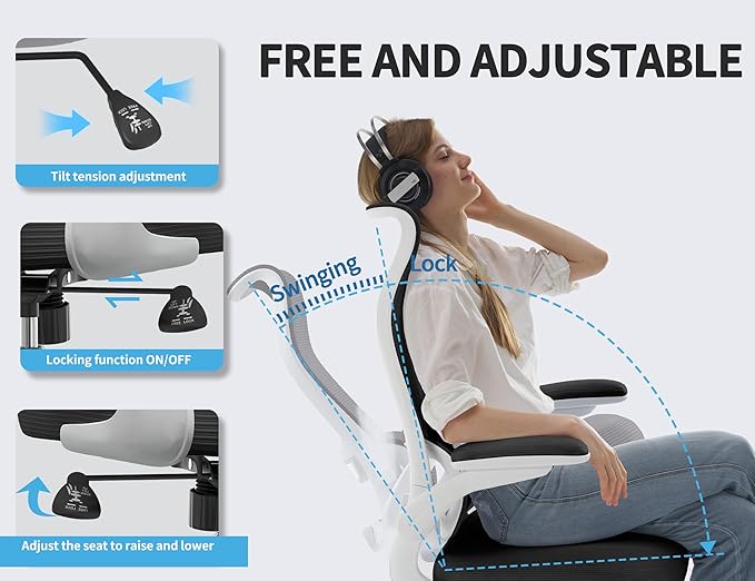 TRALT Ergonomic Office Chair - Desk Chair with Wave High Back Adjustable Lumbar Support Computer Chair - Gaming Chairs Mesh Backrest and PU Leather Seat for Home Reading Chairs to Adults (Black White)