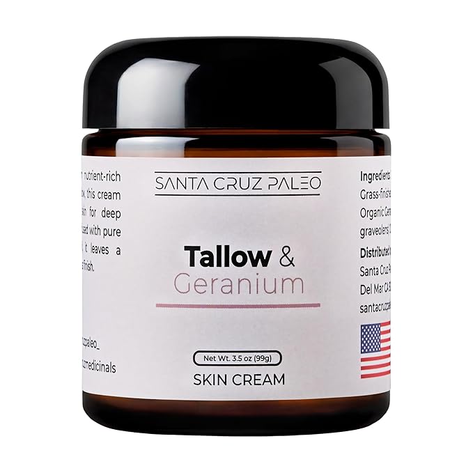 Santa Cruz Paleo, Suet Beef Tallow, Geranium Moisturizer, Organic, Grassfed Beef Tallow Skin Care, Non-Comedogenic Face & Body Moisturizer for Sensitive Skin, Geranium, 3.5 Oz