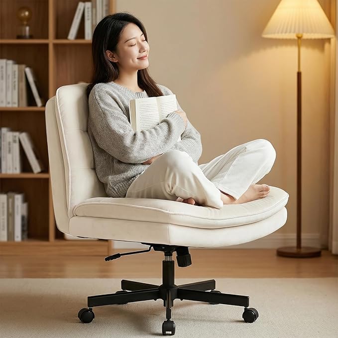 GTPLAYER Cross Legged Office Chair, Armless Desk Chair Cute Vanity Chair with Wheels Computer Chair Comfy Wide Office Chair Adjustable Swivel for Home Computer Task, Soft Velvet, Beige