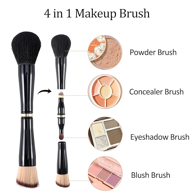 Ponhey 4 in 1 Travel Makeup Brushes Set Detachable Travel Makeup Brush with case for Foundation| Loose Powder| Concealer| Eye Shadow| Eyeliner Double Ended Makeup Brush Ideal for Liquid, Cream, Powder