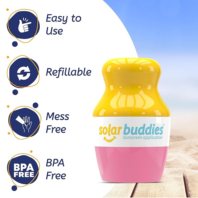 Solar Buddies Sunscreen Applicator - Pink & Green Duo - BPA-Free Refillable Roll on Sponge Sunscreen, Suncream & Lotion Applicator For Kids, Adults & Families - Holds 3.4fl oz, Perfect Size for Travel