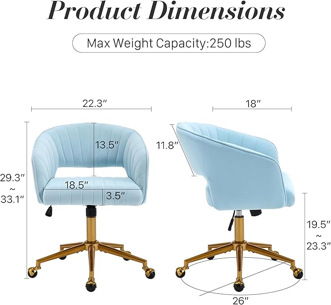 Home Office Swivel Desk Chair, Modern Velvet Vanity Chair, Height Adjustable Armchair with Gold Base, Ergonomic Office Chair for Task Study Computer Room, Light Blue