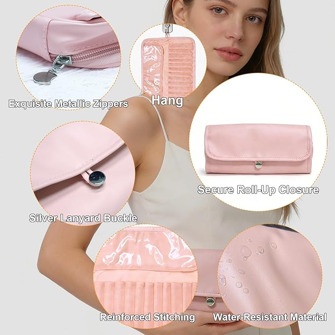 Portable Folding Makeup Brush Bag,Travel Toiletry Bag with Dividers & Independent Partition for Brushes & Skincare, Toothbrush Holder,Rolling & Open Flat cosmetic Organizer,Waterproof &Hanging (Pink)