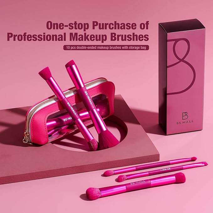BS-MALL Double-ended Makeup Brush Set With Concealer Brush & Foundation Brush, Eyeshadow Brush- Travel-friendly Multi-purpose Brushes In Makeup Bag For Daily Use (10 PCS Hot Pink)
