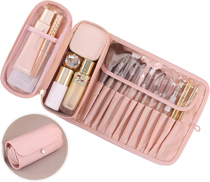 Luxury Leather Makeup Brush Case, Professional Cosmetic Organizer Roll Bag, Travel Storage for Home and Work (pink)