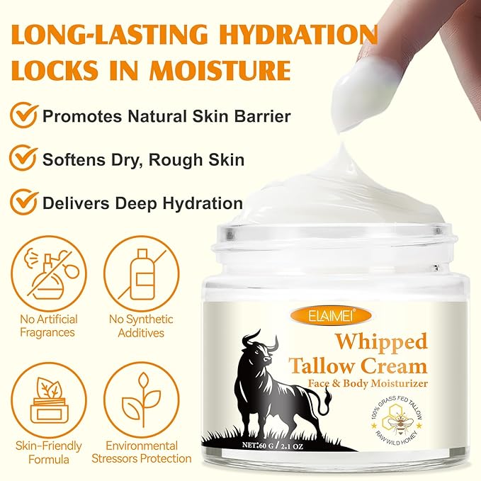 Acorn + Oak Grass Fed Beef Tallow For Skin - Face & Body,Organic Whipped Tallow Moisturizer for Women Girls 2.1oz (Unscented)