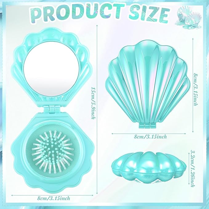 Meanplan 12 Pcs Mermaid Party Favors Shell Hair Brush with Mirror Foldable Mini Travel Pocket Hair Brush Compact Makeup Comb for Women Girls Valentines Day Birthday Gifts(Cyan)
