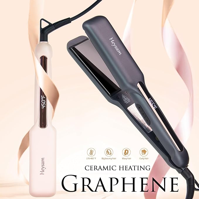 Heysam Professional Hair Iron, Wide Flat Iron Hair Straightener and Curler 2 in 1, Portable Dual Voltage Straightening Ceramic Flat Iron 1.6-Inch for Thick Hair, 30S Fast Heating, LCD Display