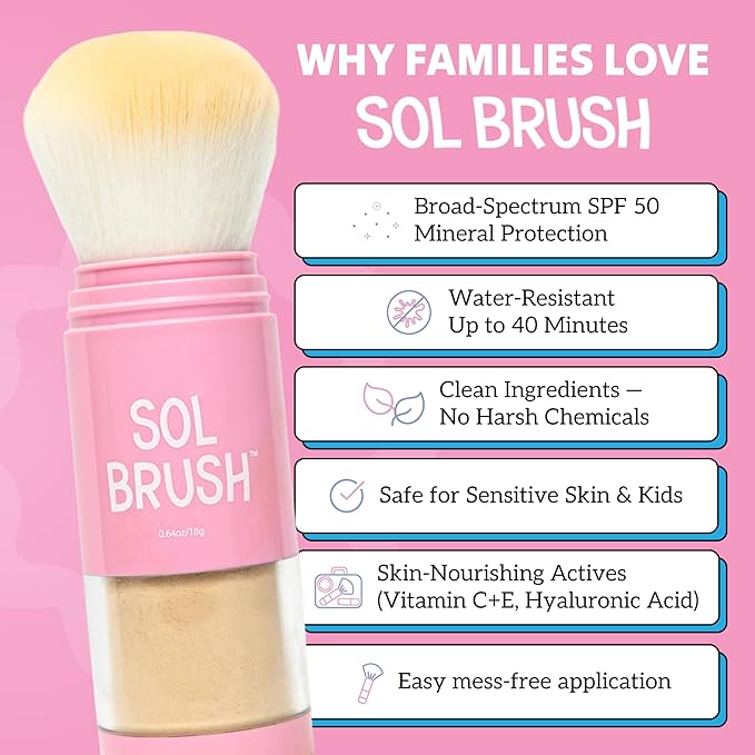 SPF 50 Mineral Sunscreen Powder, Broad Spectrum UVA/UVB Protection Sunscreen, Mess Free Brush On Applicator, Clean & Cruelty Free, Water Resistant (80 Minutes), Pink, Fair
