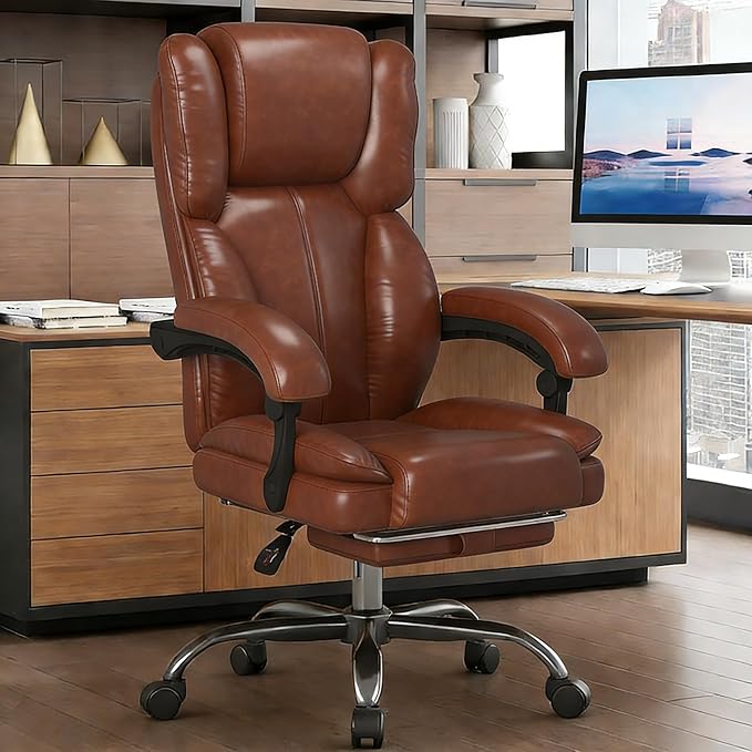 Big and Tall Office Chair, Executive Home Office Desk Chair, Leather Computer Chair with Retractable Footrest, Adjustable Headrest and Reclining Height, Padded Arms, 360°Swivel Free, Wide Seat, Brown