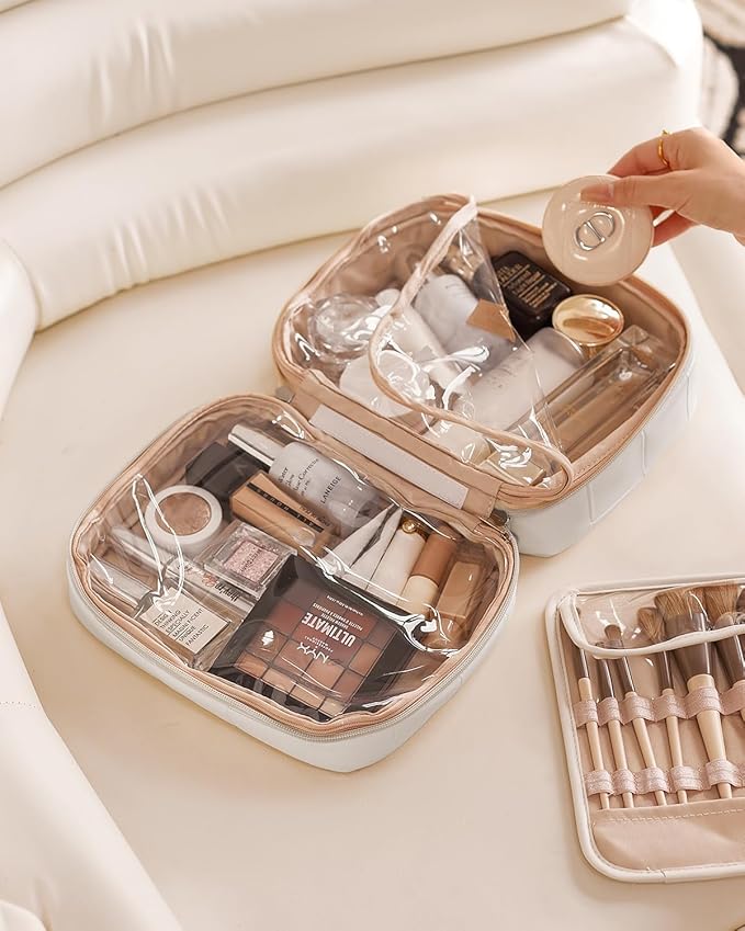 EACHY Travel Makeup Bag, Large Capacity Cosmetic Bag for Women, Waterproof PU Leather, Flat Open Portable Toiletry Bag for Skincare, Brushes & Travel Essentials