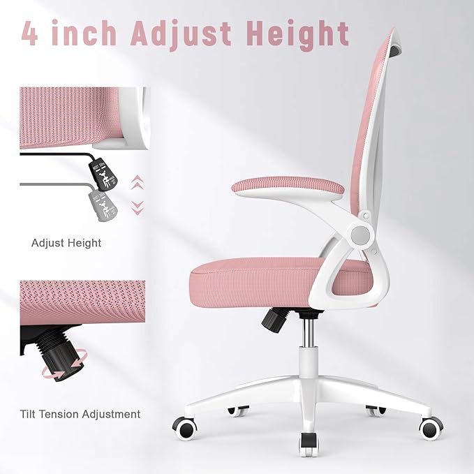 naspaluro Ergonomic Office Chair, Computer Chair with Adjustable Height, Flip-Up Arms and Lumbar Support, Breathable Mesh Desk Chair for Home Study Working (Without Headrest, Pink)