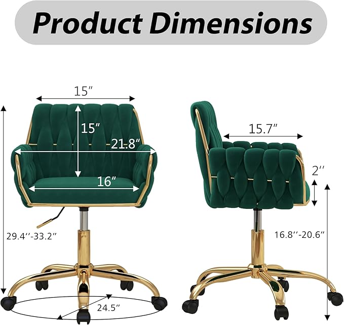 Woven 360°Swivel Desk Chair, Velvet Height Adjustable Home Office Armchair with Golden Base for Teens Women Girls, Upholstery Computer Chair for Home Studios and Office, Woven & Dark Green