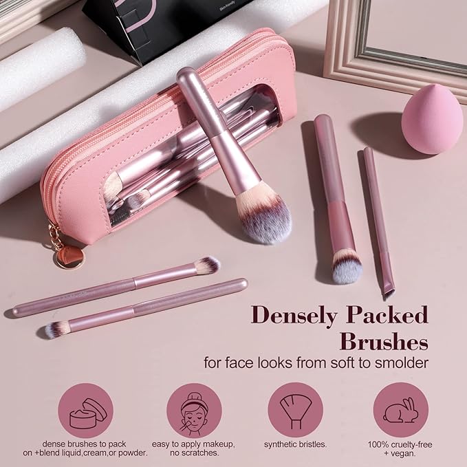 BS-MALL 14 Pcs Makeup Brushes Set with 1 Pcs Makeup Sponge – Essential Foundation Powder Concealers, Eye Shadows, Blush Makeup Brushes with Travel Makeup Case (Matte Gold Pink)