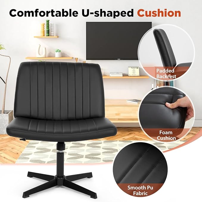 PayLessHere | Criss Cross Chair | Black | Wide, Armless Desk Chair Without Wheels | 360 Swivel, Height Adjustable & Stable Metal Base | for Office, Home Office, Vanity Seating