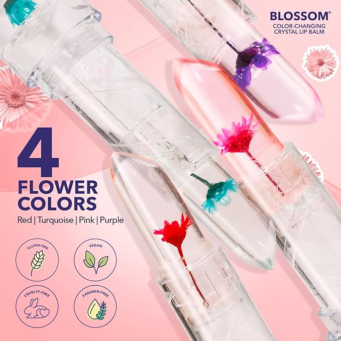 Blossom Lip Gloss Moisturizing pH Lip Balm, Strawberry Scented Color Changing Crystal Lip Stain Tint, Infused with Real Flowers, 3g, Purple