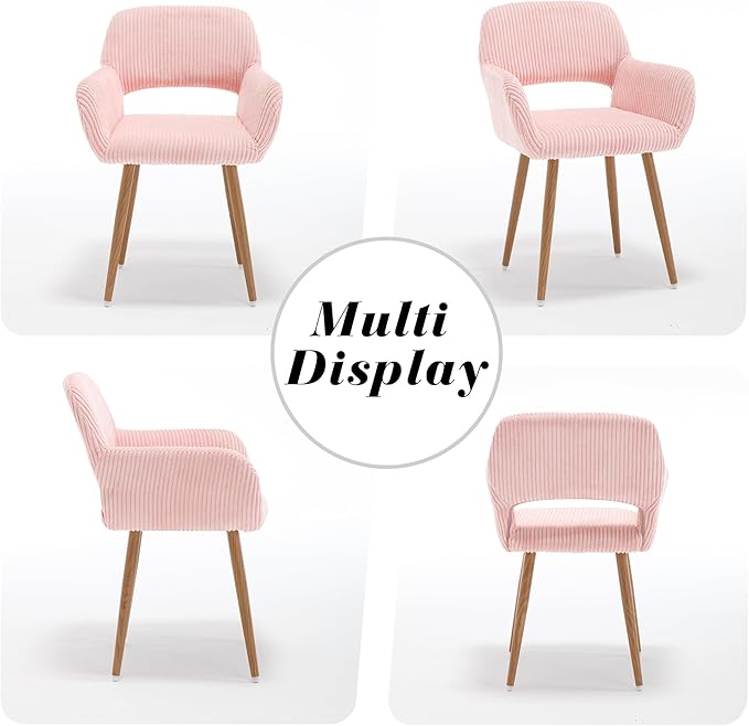 KCC Small Modern Dining Room Arm Chairs Set of 4, Mid-Century Upholstered Corduroy Fabric Side Seat Club Guest with Metal Tube Legs for Kitchen, Living Room, Pink