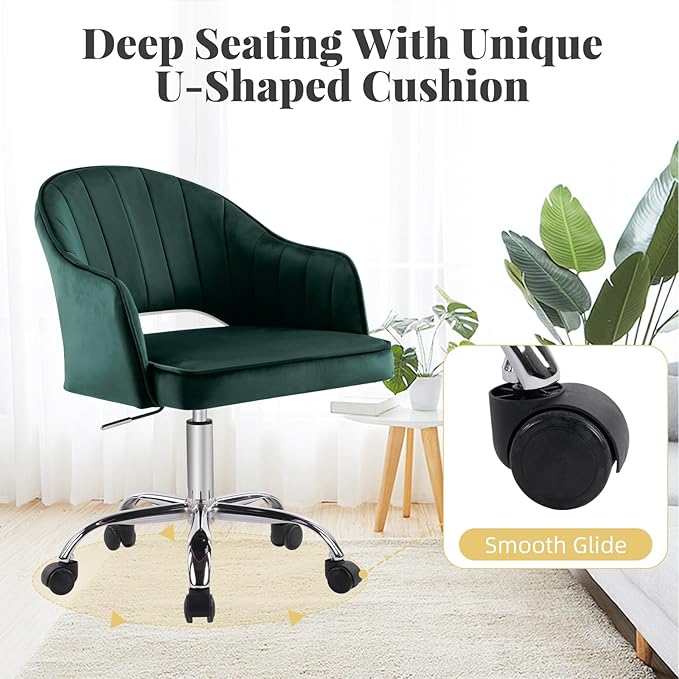 MOJAY Modern Mid-Back Tufted Velvet Office Chair, Swivel Height-Adjustable Home Desk Chair,Cute Velvet Soft Seat Vanity Chair with Rivet and Arm Support (Green2)