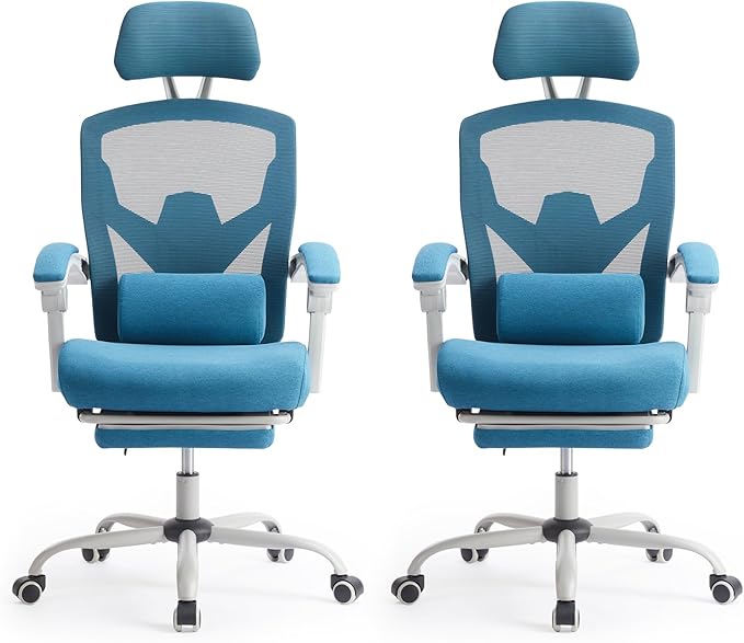 Sweetcrispy Office Computer Desk Chair Set of 2, Ergonomic High-Back Mesh Rolling Work Swivel Chairs with Wheels, Comfortable Lumbar Support, Comfy Arms for Home, Bedroom, Study, Student, Blue