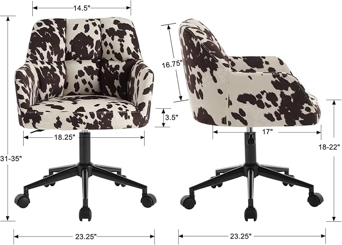 Cow Print Chair Modern Velvet Office Desk Chair with Armrest, Height Adjustable Wide Seat Computer Task Chair for Home Office, Mid Back Accent Chair, Cow