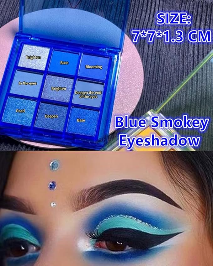 Go Ho 9 Style Blue Grey White Powder Makeup Eyeshadow Palette,Matte & Pearl Shimmer Design Waterproof Cool Blue Eye Eyeshadow Palette for Women&Girls
