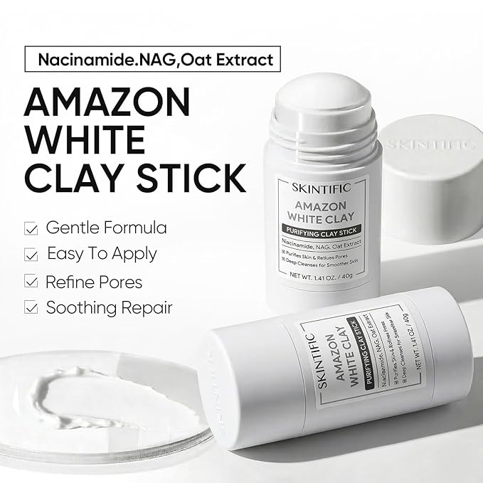 Amazonian White Clay Purifying Stick, Deep Clean Pores Mud Mask with White Clay, Volcanic Soil, Gentle Exfoliating, Refines Pores, Smoothing Skin, Non-Drying, Skincare Facial Mask
