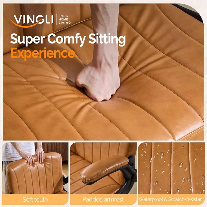 VINGLI Criss Cross Chair with Adjustable Flip-Up Arms,Cross Legged Chair with Wheels, Extra Wide Office Chair,Comfortable Desk Chair for Home Office, Vanity, Bedroom,PU Leather,Clay