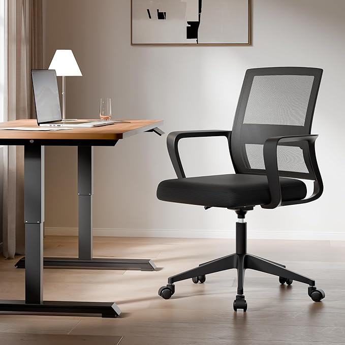 SUKIDA Desk Chair Mesh Office Chair with Upholstery Executive Office Chair with Armrests, Mid-Back Task Chair Height-Adjustable Computer Chair, Black