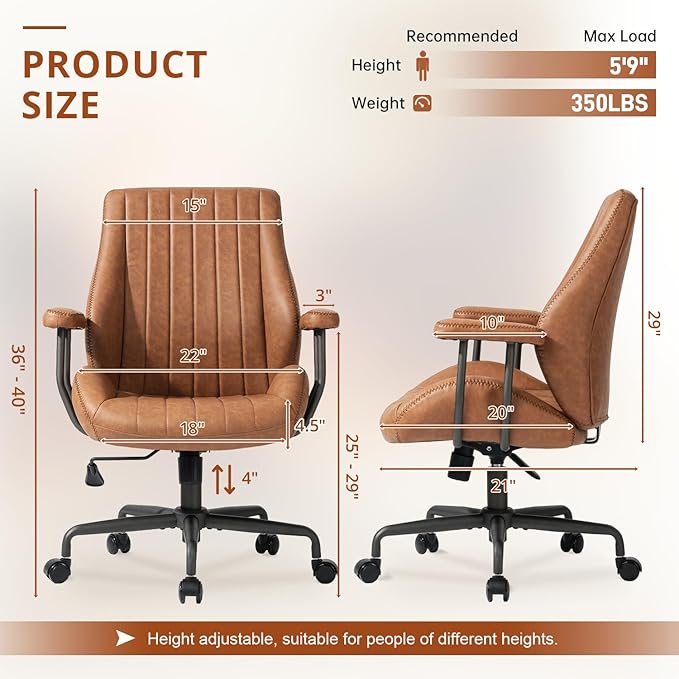 Ergonomic Office Chair 330LBS, Reclining Swivel Mid Back Desk Chair with Adjustable Height, Thickened Cushions, Comfy Executive Armchair for Home Office