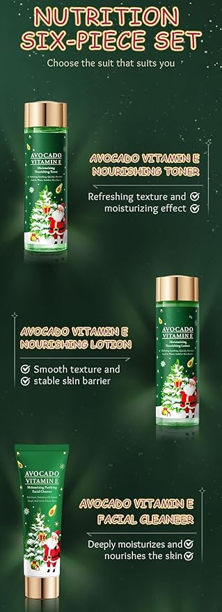 Christmas Skincare Kit Gift 6 Pcs with Facial Cleanser, Sleeping Mask, Lotion, Face Cream, Eye Cream, Toner Moisturizing & Nourishing Skin For Women Teen Girls Pomegranate Extract (Avocado)