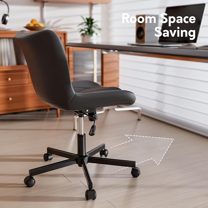 Armless Desk Chair, Morden Home Office Chair no Arms, Adjustable Height & Rocking Computer Chair, PU Leather Vanity Chair, Ergonomic Seat Soft Padded Desk Chairs for Home Small Space, Black