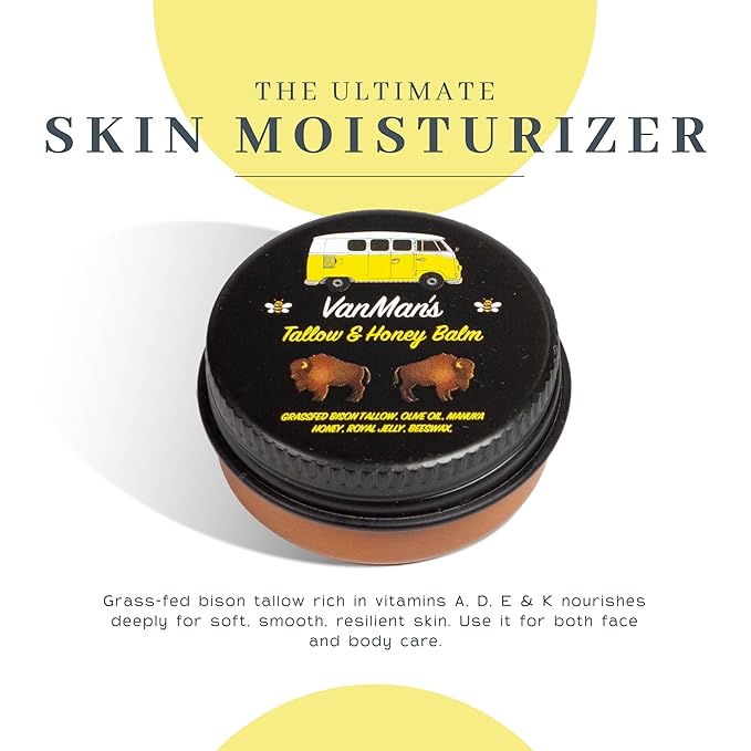 Vanman’s - Tiny Bison Tallow and Honey Balm - Unscented Grass-Fed/Finished Bison Tallow and Manuka Honey Cream with Royal Jelly - For Dry, Delicate Skin - 0.25 oz
