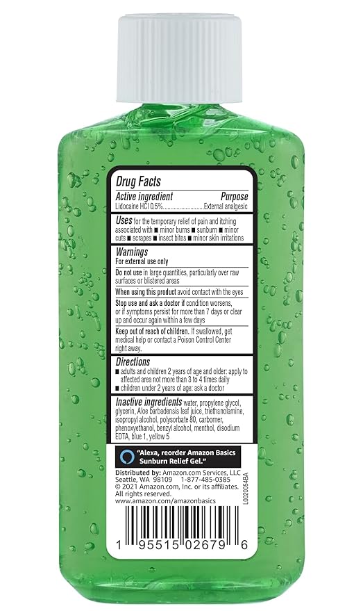 Amazon Basics Sunburn Relief Gel with Aloe Vera, Soothing, Cooling, Itch Relief, 8 oz, Pack of 1 (Previously Solimo)