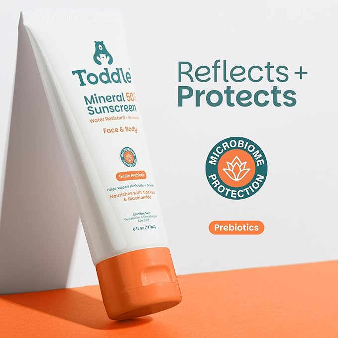 Prebiotic Mineral Sunscreen SPF 50 for Kids & Baby, Face & Body Sun Protection, Reef Safe, Non-Toxic Zinc Oxide Broad Spectrum, Water-Resistant, No White Cast, Travel Size 3.4oz