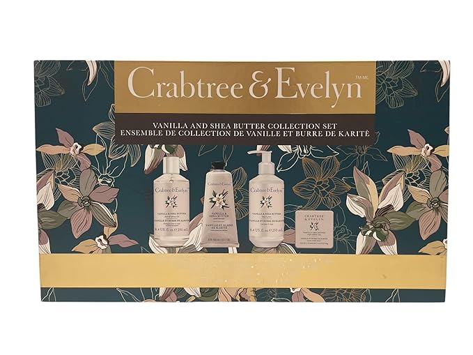 Crabtree & Evelyn Vanilla & Shea Butter Collection Set (Bath & Shower Gel 8.4 fl oz, Hand Therapy 3.5 oz, Body Lotion 8.4 fl oz, Bar Soap 3.5 oz)