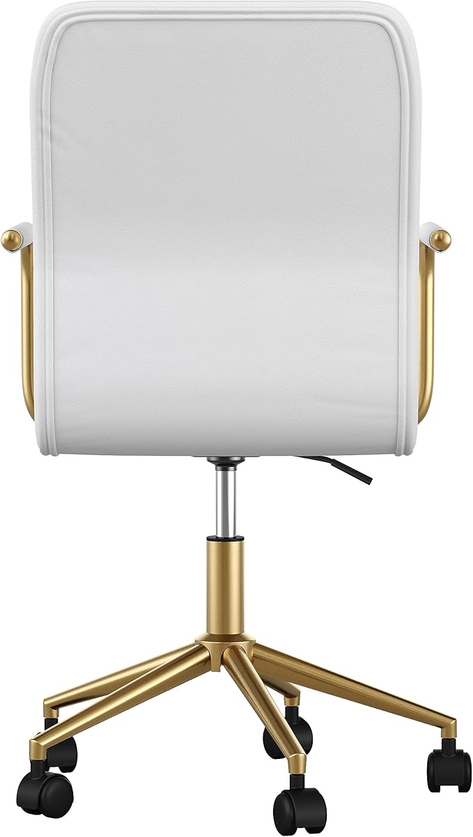 Martha Stewart Taytum Swivel Task Chair with Armrests for Home Office in White Faux Leather with Polished Brass Frame