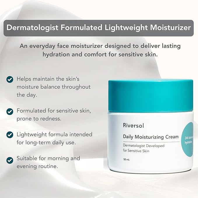 Riversol Daily Face Moisturizer for Normal to Dry & Rosacea-Prone Skin | Fragrance Free Lightweight Hydrating Cream | Redness Relief w/Vitamin C & E | Dermatologist Developed | 4 Month Supply