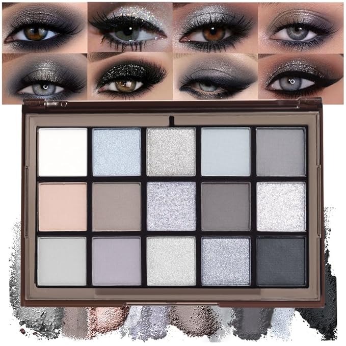 SUAKE 15 Colors Black Gray Silver Matte Shimmer Eyeshadow Palette for Eye Makeup,High Pigmented Brown White Eye Shadow Primers Powder Palet de sombras de ojos