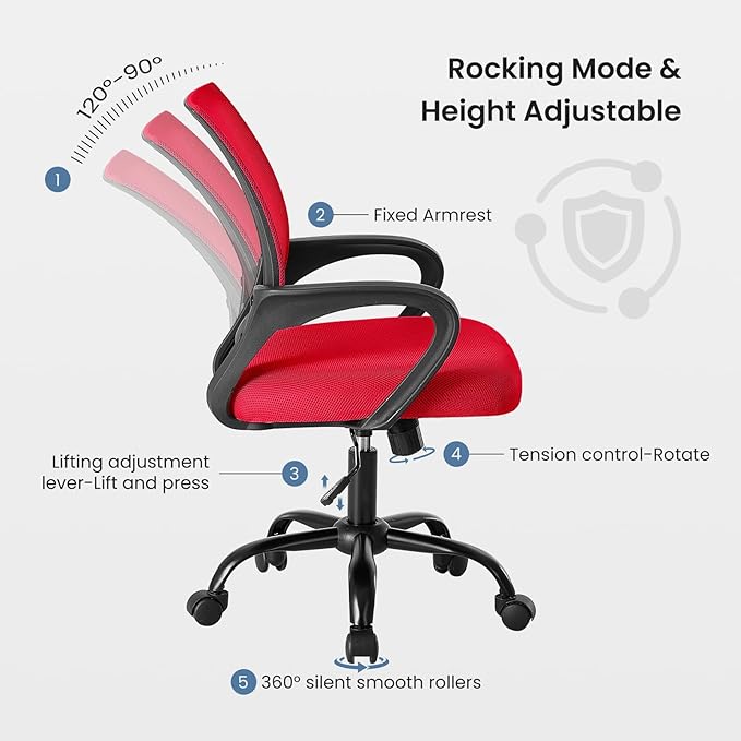 DUMOS Home Office Chair - Ergonomic Mid Back Mesh Desk Chair with Lumbar Support & Rocking Mode, Height Adjustable with Fixed Armrest, for Computer, Gaming, Meeting, Red, 2 Pack