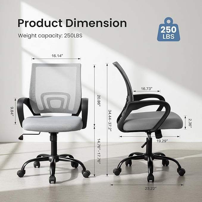 DUMOS Home Office Chair - Ergonomic Mid Back Mesh Desk Chair with Lumbar Support & Rocking Mode, Height Adjustable with Fixed Armrest, for Computer, Gaming, Meeting, 360° Swivel, Grey