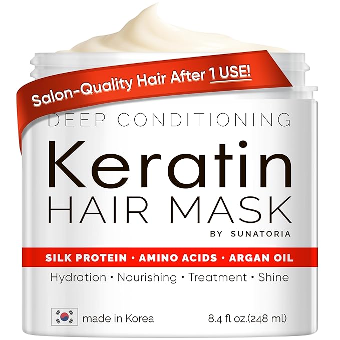 SUNATORIA Korean Keratin Hair Mask for Damaged Hair - Deep Conditioning Treatment with Hydrolyzed Silk, Argan Oil & 8 Amino Acids | Strengthens, Smooths & Nourishes, Sulfate-Free | 8.4 fl oz