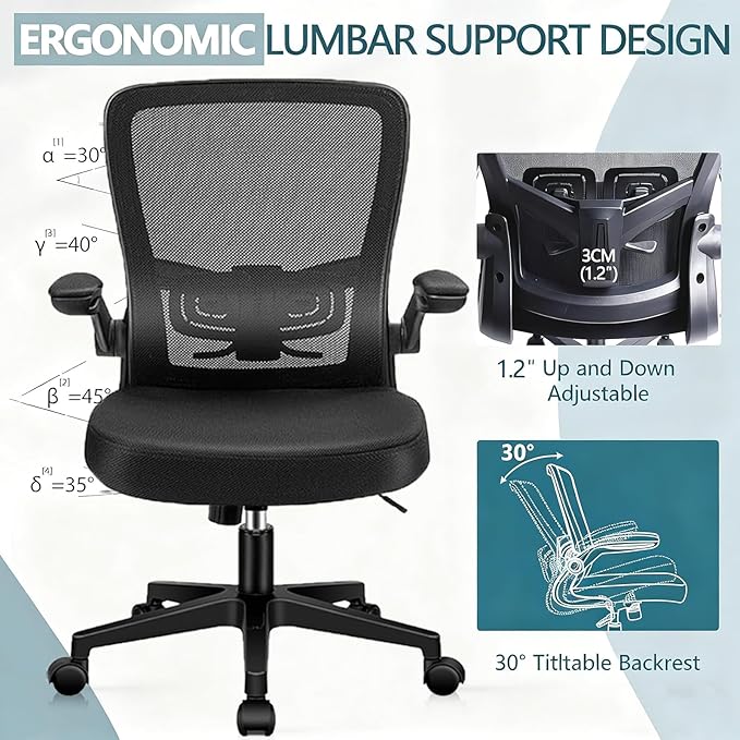 Desk Chairs with Wheels, Ergonomic Mesh Office Chair Adjustable Height and Swivel Lumbar Support Home Office Chair with Flip Up Armrests, Set of 10