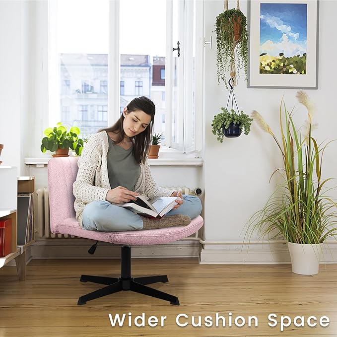 PUKAMI Criss Cross Chair,Comfy Cross Legged Office Desk Chair No Wheels,Modern Fabric Swivel Adjustable Height Mid Back Wide Seat for Home Office Computer (Pink)