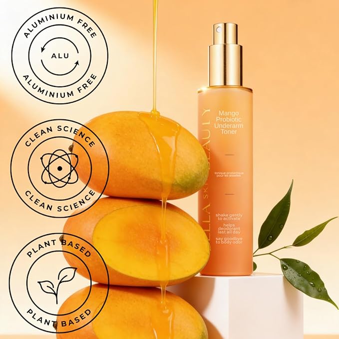 Bella Skin Beauty Deodorant Enhancer® Probiotic Underarm Toner - Mango - Patented Pre-Deodorant Spray That Helps Deodorants Last Longer and Helps Sweat Stay Odorless - Underarm Spray, Wipe, Apply