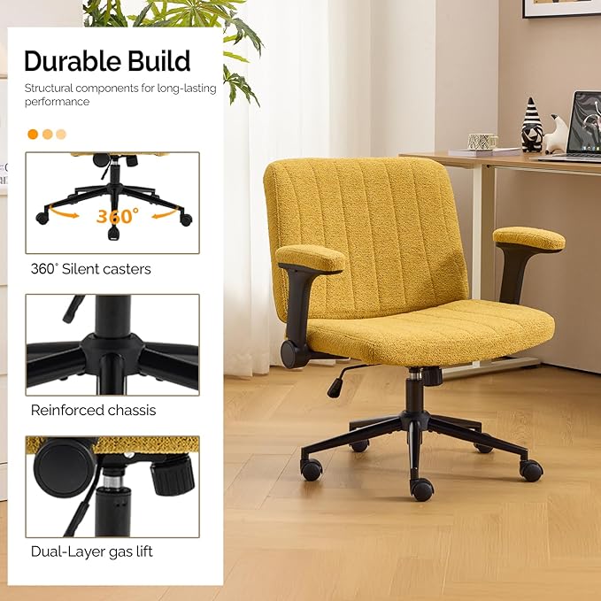 VINGLI Criss Cross Chair with Adjustable Flip-Up Arms,Cross Legged Chair with Wheels,Extra Wide Office Chair,Desk Chair for Home Office,Vanity,Bedroom, Apartment,Starry Chenille,Pale Yellow