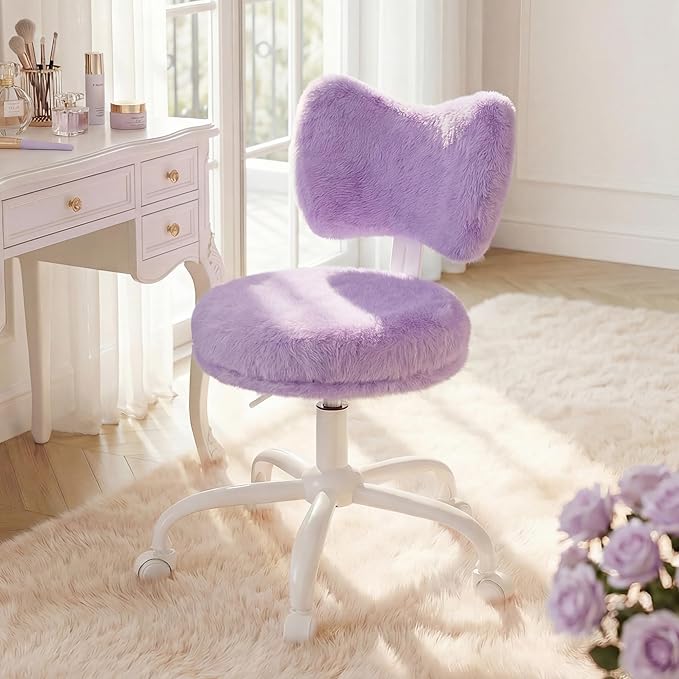 Vanity Chair with Wheels, Cute Desk Chair with Bow Backrest, Fluffy Faux Rabbit Fur Small Office Chair for Vanity, Make-up Room, Bedroom, Dorm, Height Adjustable, Purple